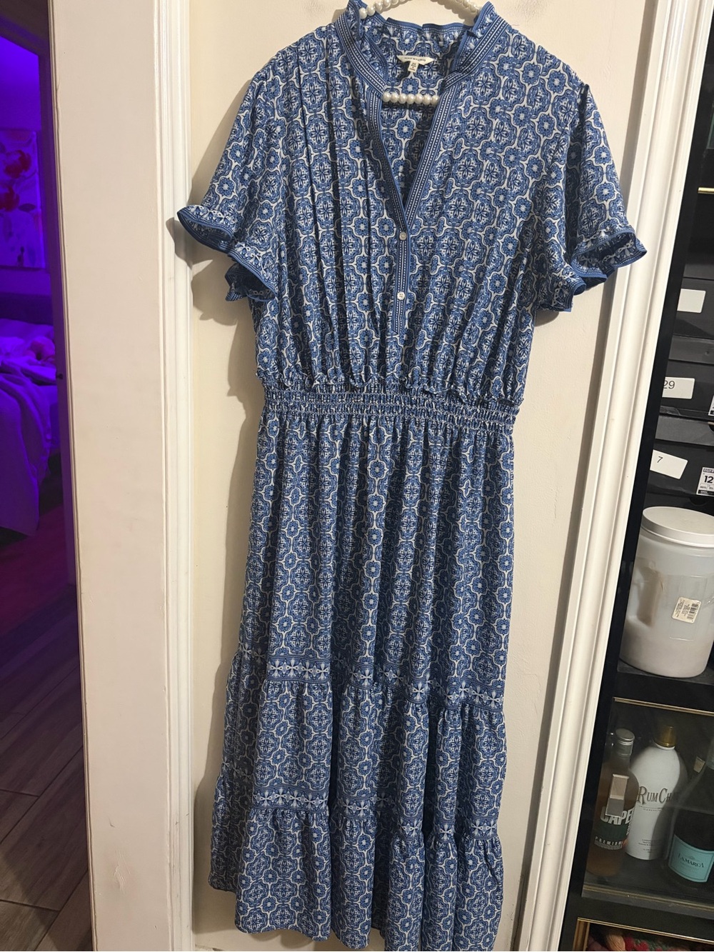 Max Studio Blue Printed Maxi Dress with Smocked Waist